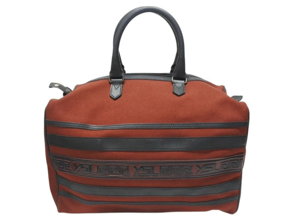 Saint Laurent Boston Canvas Shoulder Bag Leather Burgundy Red Black